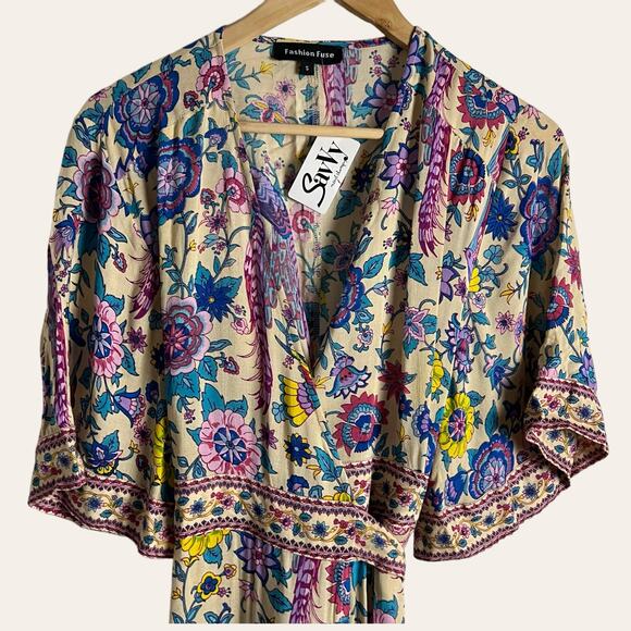 Fashion Fuse Cream Floral Bird Print Short Sleeve Wrap Midi Dress Size Small - Picture 2 of 12